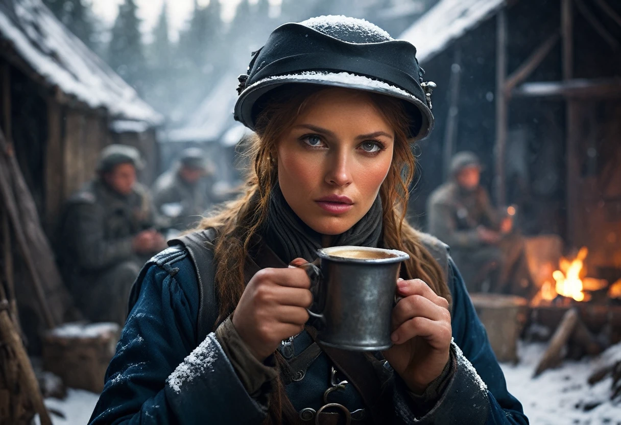 Show Napoleon's female soldier drinking coffee from an old tin cup in front of her camp while looking at the camera.
Depict the soldier feeling cold, with snow falling around her.
Use cold and muted colors to convey the harshness of the winter and the exhausting guarding duty, background dark, hyper realistic, ultra detailed hyper realistic, photorealistic, Studio Lighting, reflections, dynamic pose, Cinematic, Color Grading, Photography, Shot on 50mm lens, Ultra-Wide Angle, Depth of Field, hyper-detailed, beautifully color, 8k