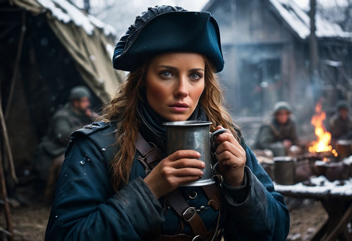 Show Napoleon's female soldier drinking coffee from an old tin cup in front of her camp while looking at the camera.
Depict the soldier feeling cold, with snow falling around her.
Use cold and muted colors to convey the harshness of the winter and the exhausting guarding duty, background dark, hyper realistic, ultra detailed hyper realistic, photorealistic, Studio Lighting, reflections, dynamic pose, Cinematic, Color Grading, Photography, Shot on 50mm lens, Ultra-Wide Angle, Depth of Field, hyper-detailed, beautifully color, 8k