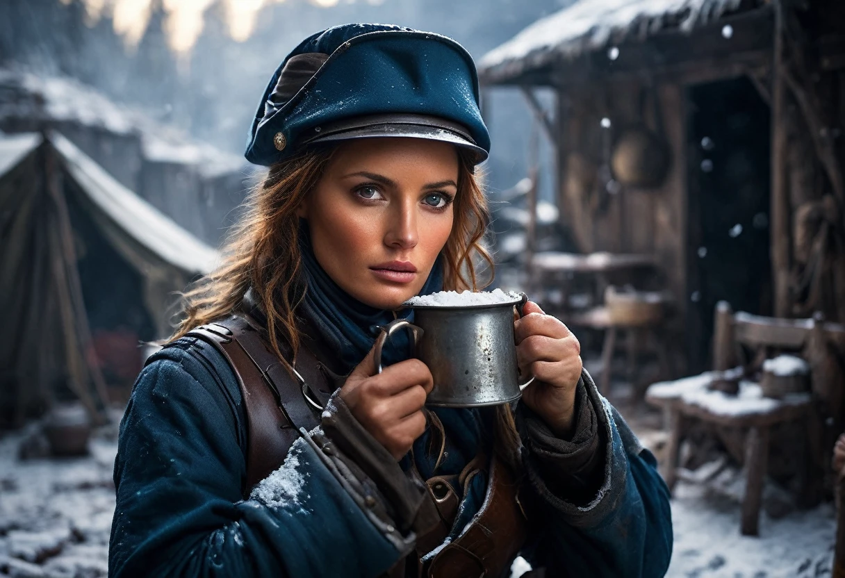 Show Napoleon's female soldier drinking coffee from an old tin cup in front of her camp while looking at the camera.
Depict the soldier feeling cold, with snow falling around her.
Use cold and muted colors to convey the harshness of the winter and the exhausting guarding duty, background dark, hyper realistic, ultra detailed hyper realistic, photorealistic, Studio Lighting, reflections, dynamic pose, Cinematic, Color Grading, Photography, Shot on 50mm lens, Ultra-Wide Angle, Depth of Field, hyper-detailed, beautifully color, 8k