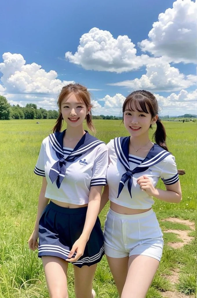 2 girls walking in rural field,cumulonimbus cloud in summer blue sky,white sailor shirt,white thong,18-year-old,bangs,a little smile,thighs,knees,short hair with low pigtails bunches,from beside,front light