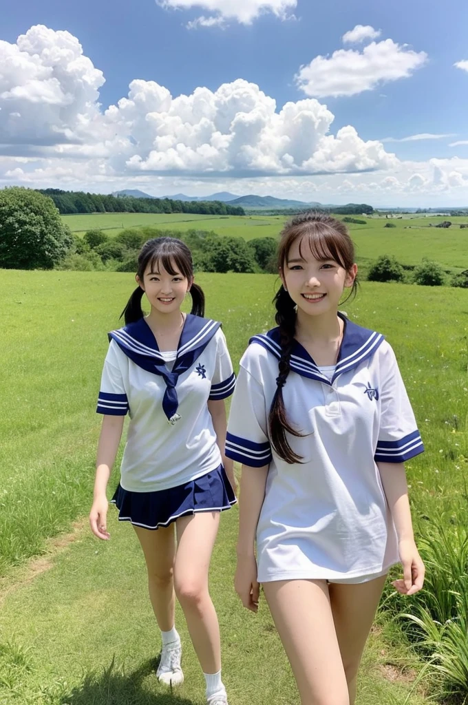 2 girls walking in rural field,cumulonimbus cloud in summer blue sky,white sailor shirt,white thong,18-year-old,bangs,a little smile,thighs,knees,short hair with low pigtails bunches,from beside,front light