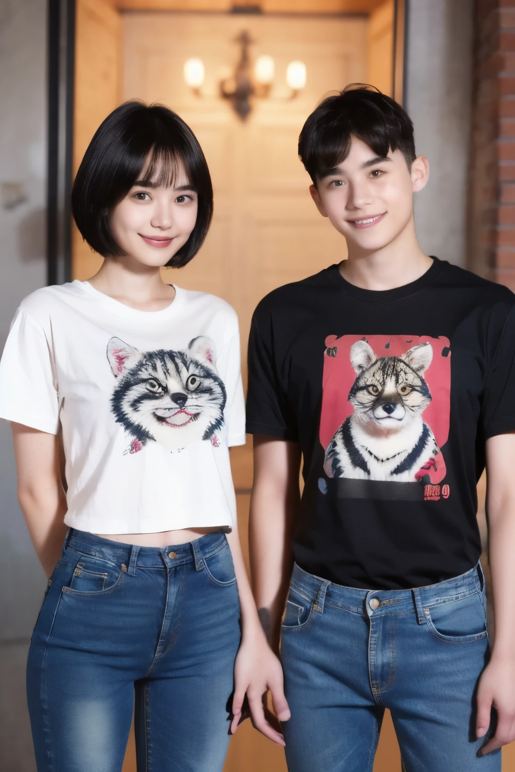 250 (An 18-year-old female and an 18-year-old male), (short hair),kind, lipstick, (jeans), (Animal charactersＴshirt), smile