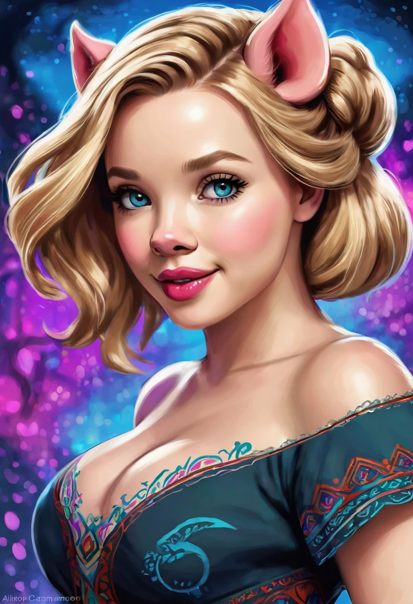 Create an illustrated, hand-drawn, full-color image of an anthropomorphic pig girl. The artwork should be rendered in the style of "Breath of the Wild," featuring warm lighting and shadows. Include graphite shading, stencil marks, and airbrushed acrylic paint effects. The image should be of the highest quality, a masterpiece with intricate details.
The pig girl should have a female, humanoid, furry appearance with grey skin. She should have luscious lips, a wide smile, and bright, expressive eyes, exuding beauty, cuteness, and adorableness. Ensure the image is high resolution and sharply detailed, with a detailed and vibrant background. Scarlett Johanson, Alison Brie, Dove Cameron
Incorporate mystical lighting in the background, creating a romantic and enchanting atmosphere.