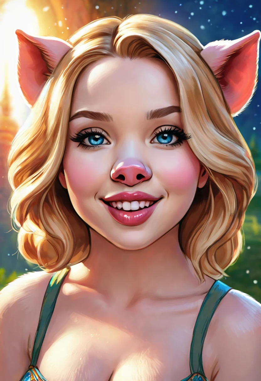 Create an illustrated, hand-drawn, full-color image of an anthropomorphic pig girl. The artwork should be rendered in the style of "Breath of the Wild," featuring warm lighting and shadows. Include graphite shading, stencil marks, and airbrushed acrylic paint effects. The image should be of the highest quality, a masterpiece with intricate details.
The pig girl should have a female, humanoid, furry appearance with grey skin. She should have luscious lips, a wide smile, and bright, expressive eyes, exuding beauty, cuteness, and adorableness. Ensure the image is high resolution and sharply detailed, with a detailed and vibrant background. Scarlett Johanson, Alison Brie, Dove Cameron
Incorporate mystical lighting in the background, creating a romantic and enchanting atmosphere.