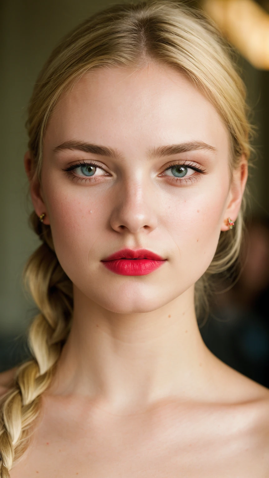 Photograph of a 25 year old woman, (ambivalent facial expression), face looking at camera, full face, portrait, faces are visible more, and the eyes look straight, textured leather, goosebumps, ash blonde mermaid with braid, Perfect eyes, realistic skin texture, too much sweat, (ektachrome), Velvia 100 color, shot with Leica T, hips, sharp focus on the subject, shot by Peter Lindbergh, bright, fair, realistic look, toka on forehead, nose jewelry, big lips, red lipstick, pink slip,