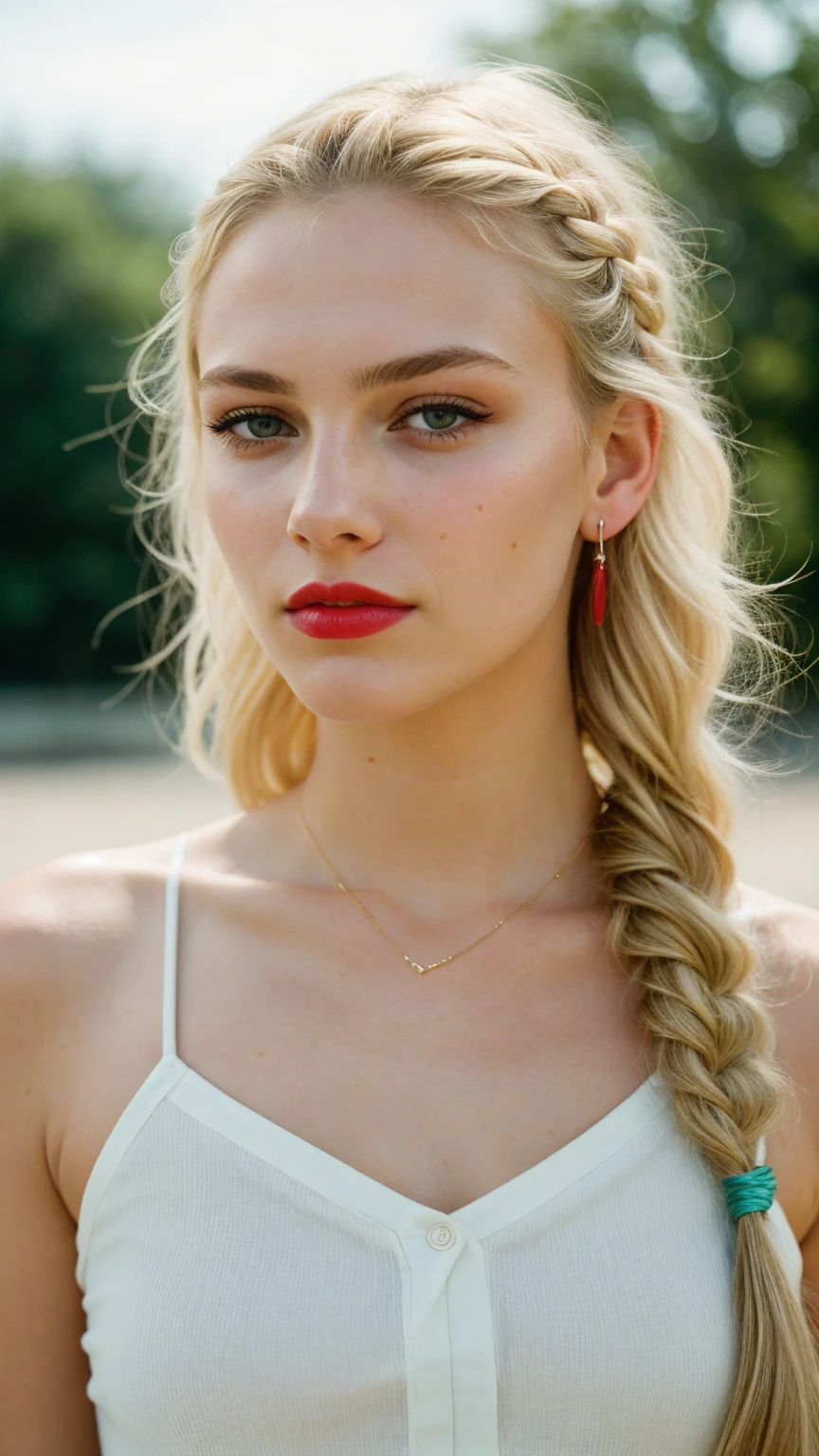 Photograph of a 25 year old woman, (ambivalent facial expression), face looking at camera, full face, portrait, faces are visible more, and the eyes look straight, textured leather, goosebumps, ash blonde mermaid with braid, Perfect eyes, realistic skin texture, too much sweat, (ektachrome), Velvia 100 color, shot with Leica T, hips, sharp focus on the subject, shot by Peter Lindbergh, bright, fair, realistic look, toka on forehead, nose jewelry, big lips, red lipstick, pink slip,