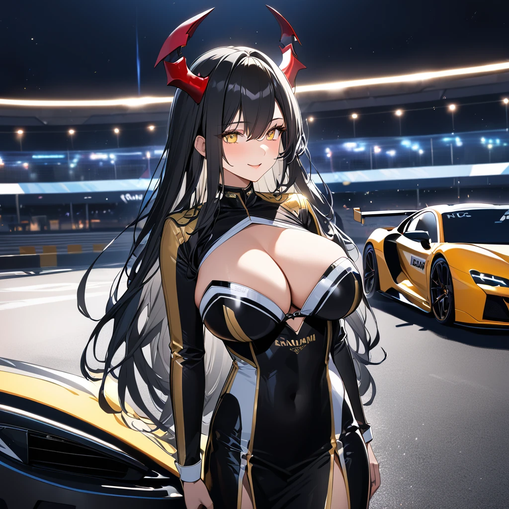 a woman wearing a black race queen uniform with gold details, black boots, big breasts, smiling, red horns, yellow eyes, black hair, long hair, bangs in the eyes, standing in a race car parking lot, at night, illuminated place, next to a black racing car with gold details,UHD , prime work , accurate , anatomically correct , textured skin , super details , high quality , best quality, 8k, high resolution, bokeh effect. (woman alone),