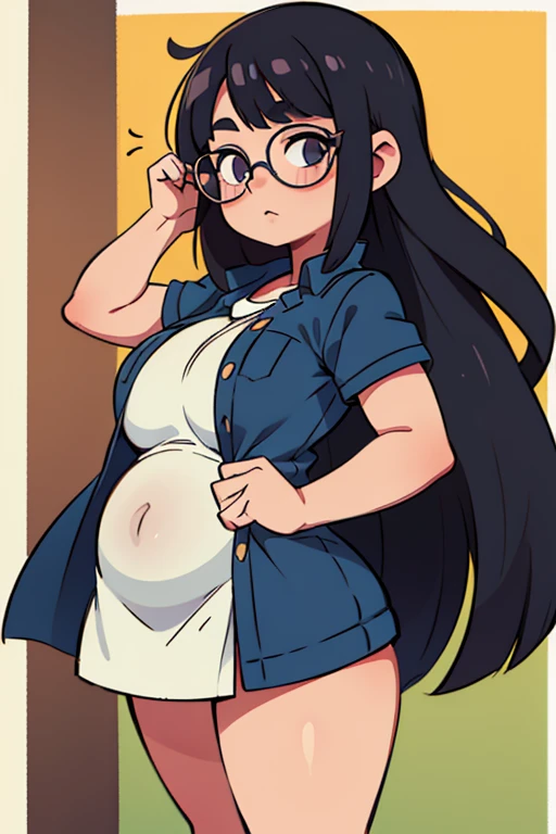 A white girl, gorda, with fat, wearing glasses, with long straight hair, Bblack hair, fringe, com olhos castanhos, short