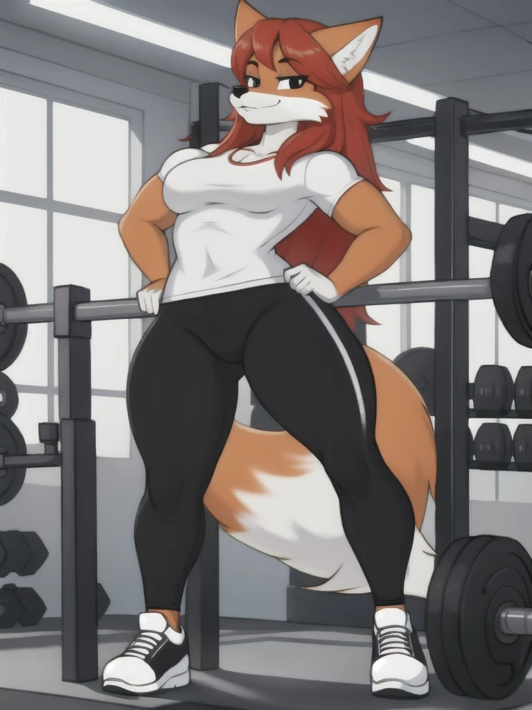 Furry, fox, female, white shirt, black leggings, shoes, gym, teen, standing, full body