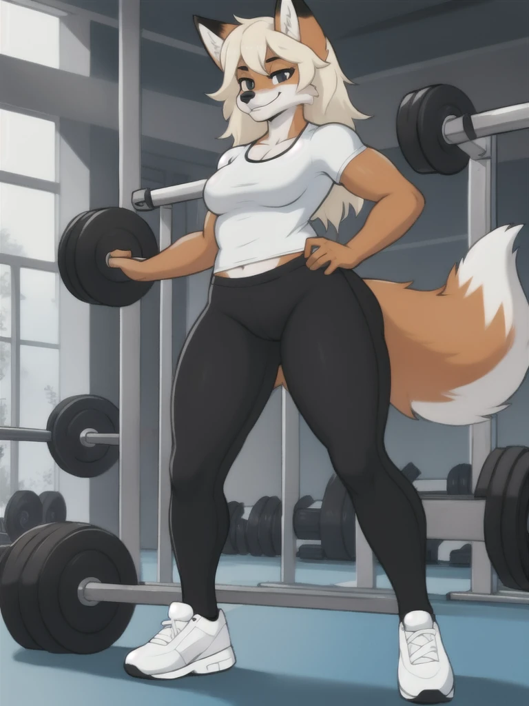 Furry, fox, female, white shirt, black leggings, shoes, gym, teen, standing, full body