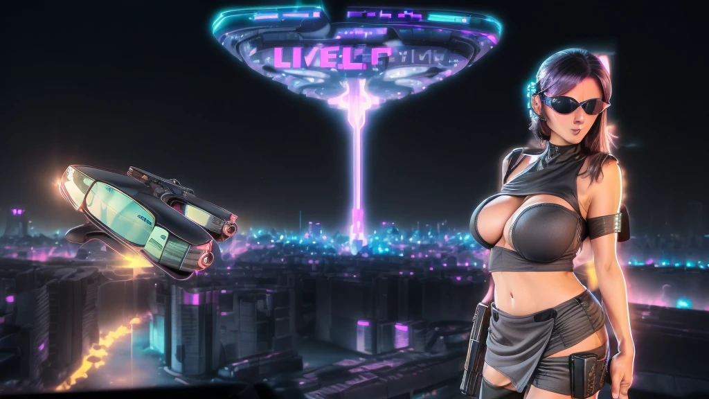 (((aerial view))) of futuristic city, hologram neon buildings, (((futuristic flying cars))) and futuristic cars, Surreal cyberpunk city, in a Future cyberpunk city, 3d rendering Beeple, at night. large-breast photorealistic slim sexy woman, (((breast cleavage))), perfect face, tank top, (((((((miniskirt, black sunglasses, pistol shooting pose))))))), standing, leaning forward, (((((half-body thigh level medium shot))))).