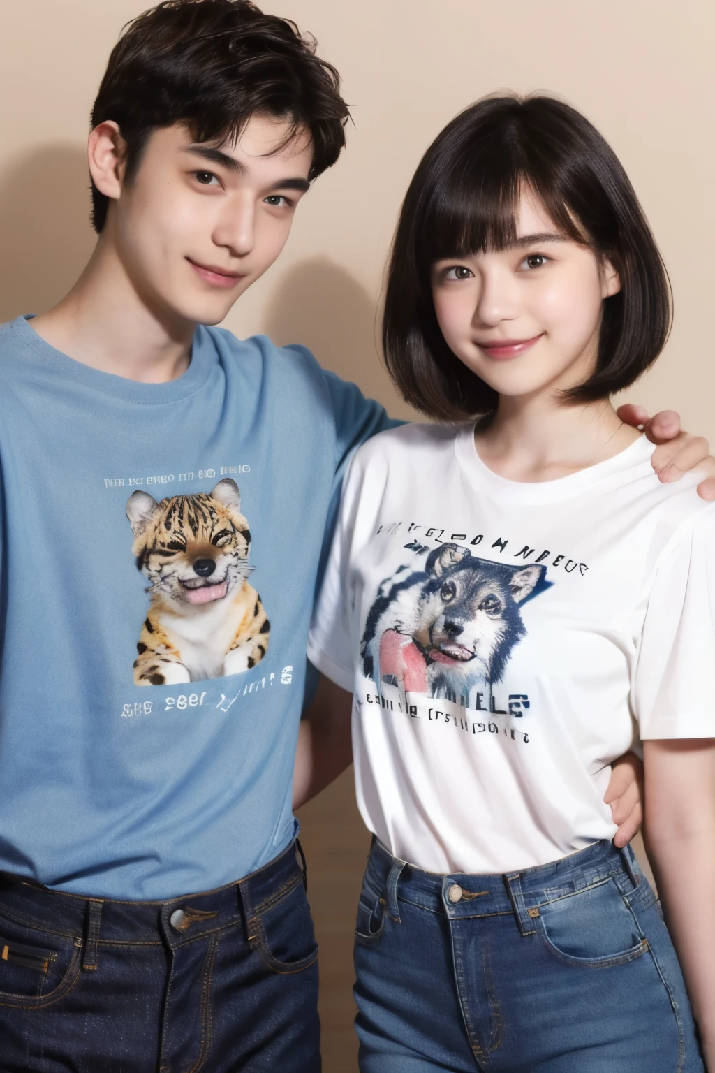 250 (An 18-year-old female and an 18-year-old male), (short hair),kind, lipstick, (jeans), (Animal charactersＴshirt), smile