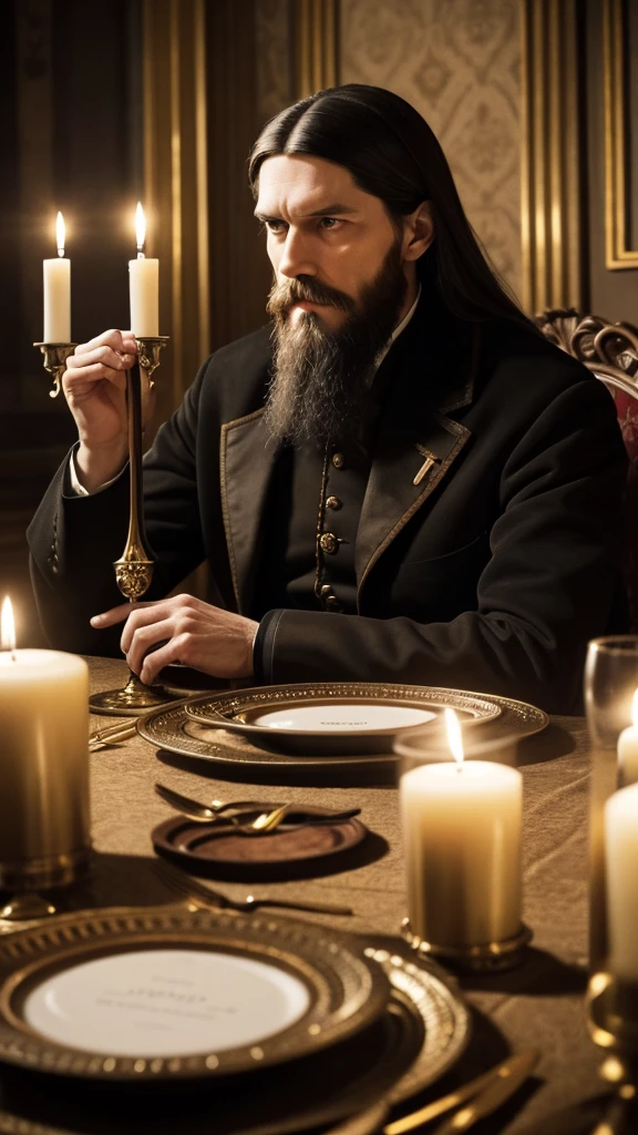 Rasputin at a dinner table, looking suspicious but composed, December 1916, in a luxurious palace dining room, with ornate place settings and candles in the background, medium shot, hyper-realistic, photo realism, cinematography. Camera lens size should be 200mm, aperture setting f/4.5, and ISO 1600. The artistic medium should be color photography.

