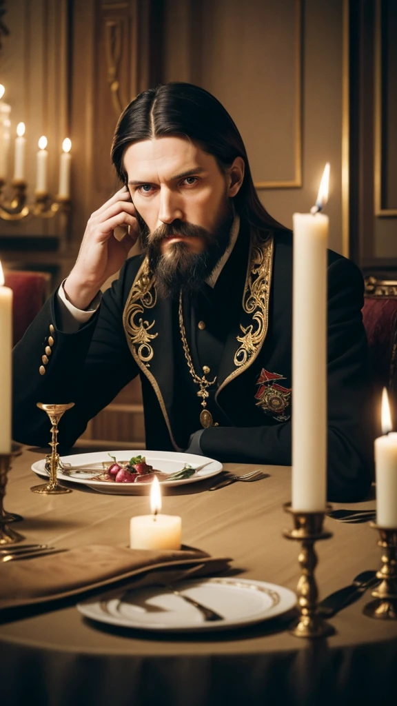 Rasputin at a dinner table, looking suspicious but composed, December 1916, in a luxurious palace dining room, with ornate place settings and candles in the background, medium shot, hyper-realistic, photo realism, cinematography. Camera lens size should be 200mm, aperture setting f/4.5, and ISO 1600. The artistic medium should be color photography.

