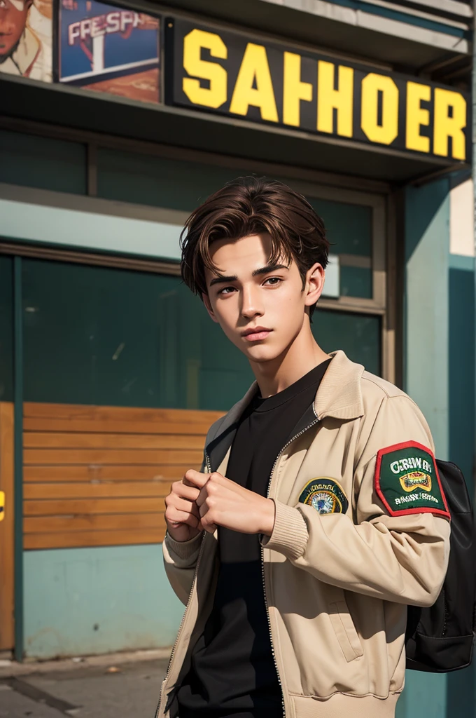 Create an image of a male ager, looking between 16 and 18 years old, brownhair, Caucasian skin, brown dark eyes, wearing school jacket written "Crawford". The image must have the style of a digital illustration inspired by the environments of GTA V. Your expression is happy, in poor lighting. School atmosphere. Background of a school. The image must not contain extra hands, extra fingers, mutant hands, mixed texts, repeated letters.