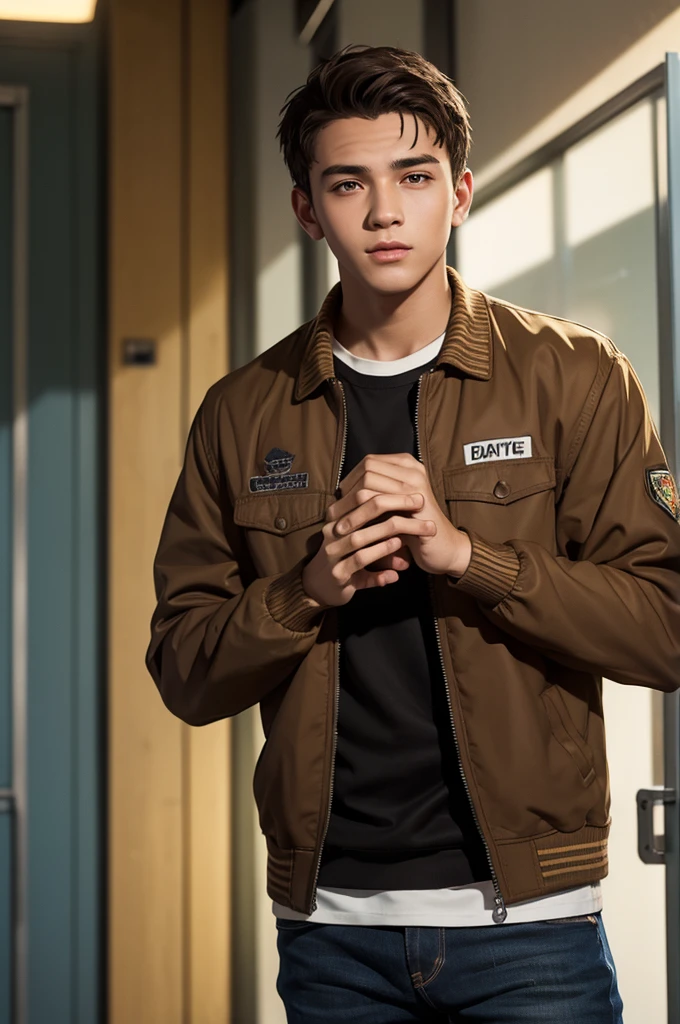 Create an image of a male teenager, looking between 16 and 18 years old, brownhair, Caucasian skin, brown dark eyes, wearing school jacket written "Crawford". The image must have the style of a digital illustration inspired by the environments of GTA V. Your expression is happy, in poor lighting. School atmosphere. Background of a school. The image must not contain extra hands, extra fingers, mutant hands, mixed texts, repeated letters.