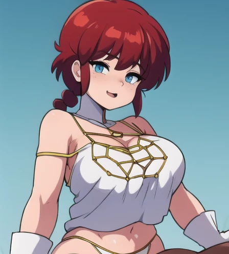 RanmaChan, Red hair, Braided hair, blue eyes, detailed eyes, whole body, lindosexyrobutts, tight black blouse, black crop top, exposed navel, clothing attached to the body, Tanga sexy, sexy stockings, 【Costume】【cosplay】White Dress of Albedo (Overlord), white thong, big neckline, Paizuri under Clothes