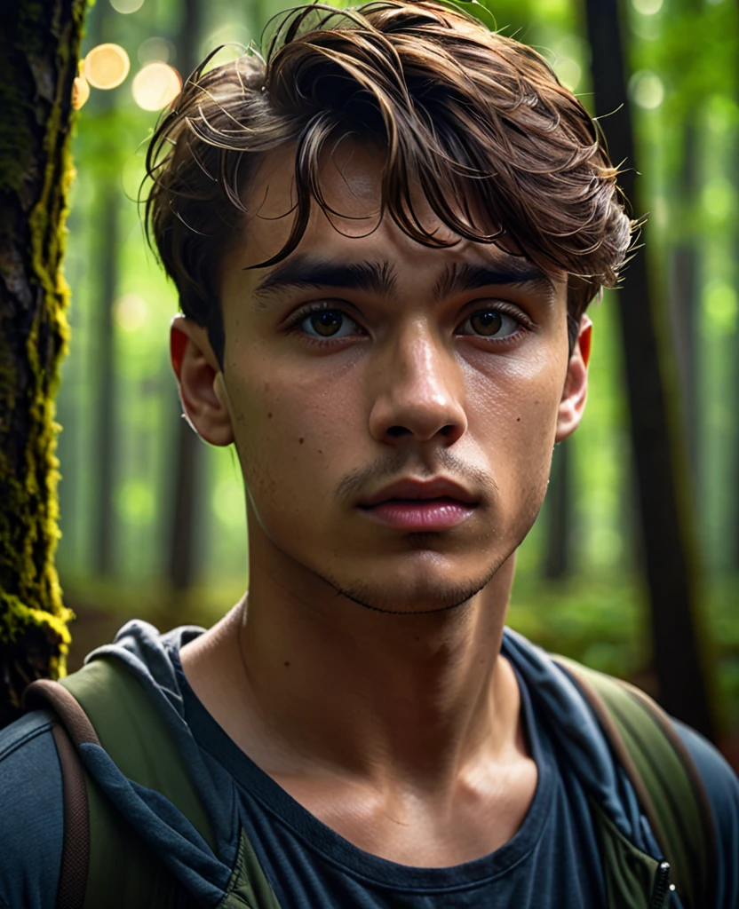 a young man in a forest, lost and searching for direction, moody lighting, gloomy atmosphere, dark colors, dramatic cinematic lighting, detailed facial features, expressive pose, environmental details, 1 person, best quality, 8k, highres, masterpiece, ultra-detailed, realistic, photorealistic, photo-realistic, HDR, UHD, studio lighting, ultra-fine painting, sharp focus, physically-based rendering, extreme detail description, professional, vivid colors, bokeh, portrait