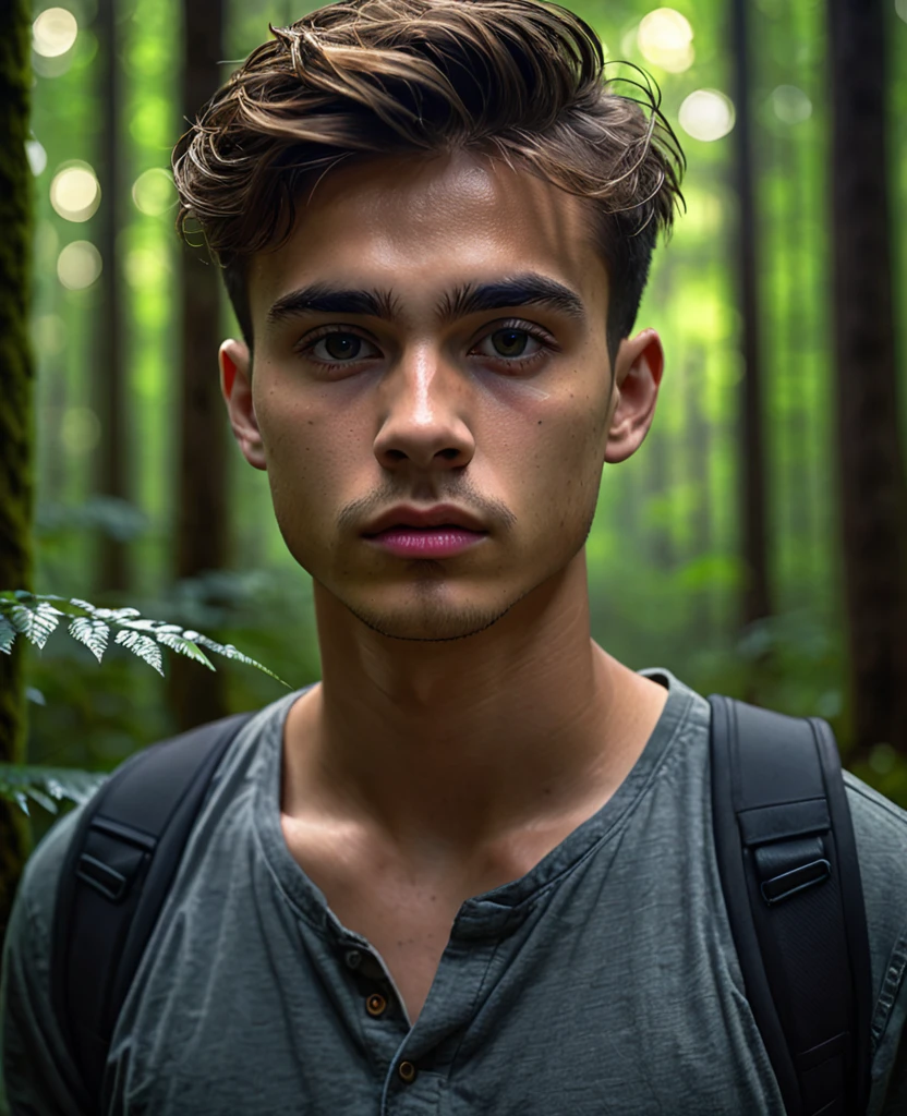 a young man in a forest, lost and searching for direction, moody lighting, gloomy atmosphere, dark colors, dramatic cinematic lighting, detailed facial features, expressive pose, environmental details, 1 person, best quality, 8k, highres, masterpiece, ultra-detailed, realistic, photorealistic, photo-realistic, HDR, UHD, studio lighting, ultra-fine painting, sharp focus, physically-based rendering, extreme detail description, professional, vivid colors, bokeh, portrait