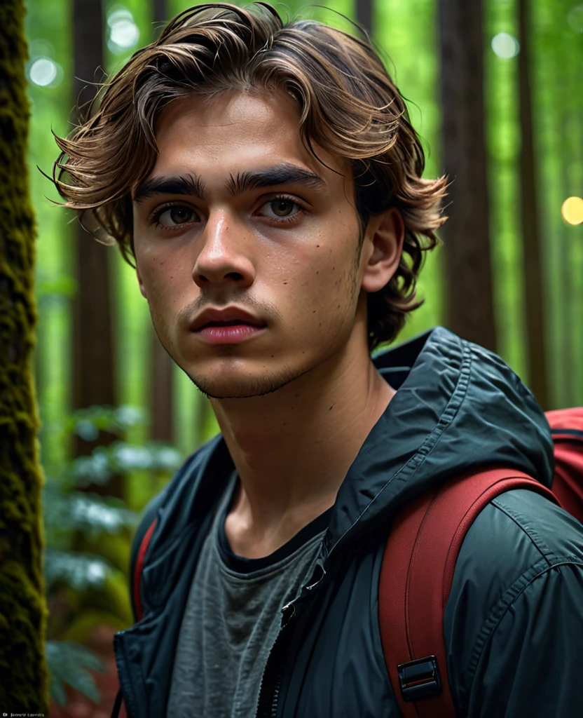 a young man in a forest, lost and searching for direction, moody lighting, gloomy atmosphere, dark colors, dramatic cinematic lighting, detailed facial features, expressive pose, environmental details, 1 person, best quality, 8k, highres, masterpiece, ultra-detailed, realistic, photorealistic, photo-realistic, HDR, UHD, studio lighting, ultra-fine painting, sharp focus, physically-based rendering, extreme detail description, professional, vivid colors, bokeh, portrait