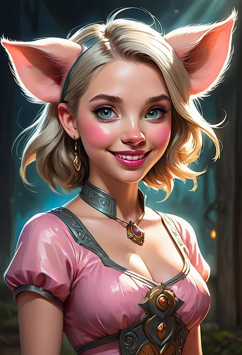 Create an illustrated, hand-drawn, full-color image of an humanoid, hybrid, anthropomorphic, sexy pig woman. The artwork should be rendered in the style of "Breath of the Wild," featuring warm lighting and shadows. Include graphite shading, stencil marks, and airbrushed acrylic paint effects. The image should be of the highest quality, a masterpiece with intricate details.
The pig woman should have a female, humanoid, appearance. She should have luscious lips, a wide smile, and bright, expressive eyes, exuding beauty, cuteness, and adorableness. Ensure the image is high resolution and sharply detailed, with a detailed and vibrant background. Scarlett Johanson, Alison Brie, Dove Cameron
Incorporate mystical lighting in the background, creating a romantic and enchanting atmosphere.