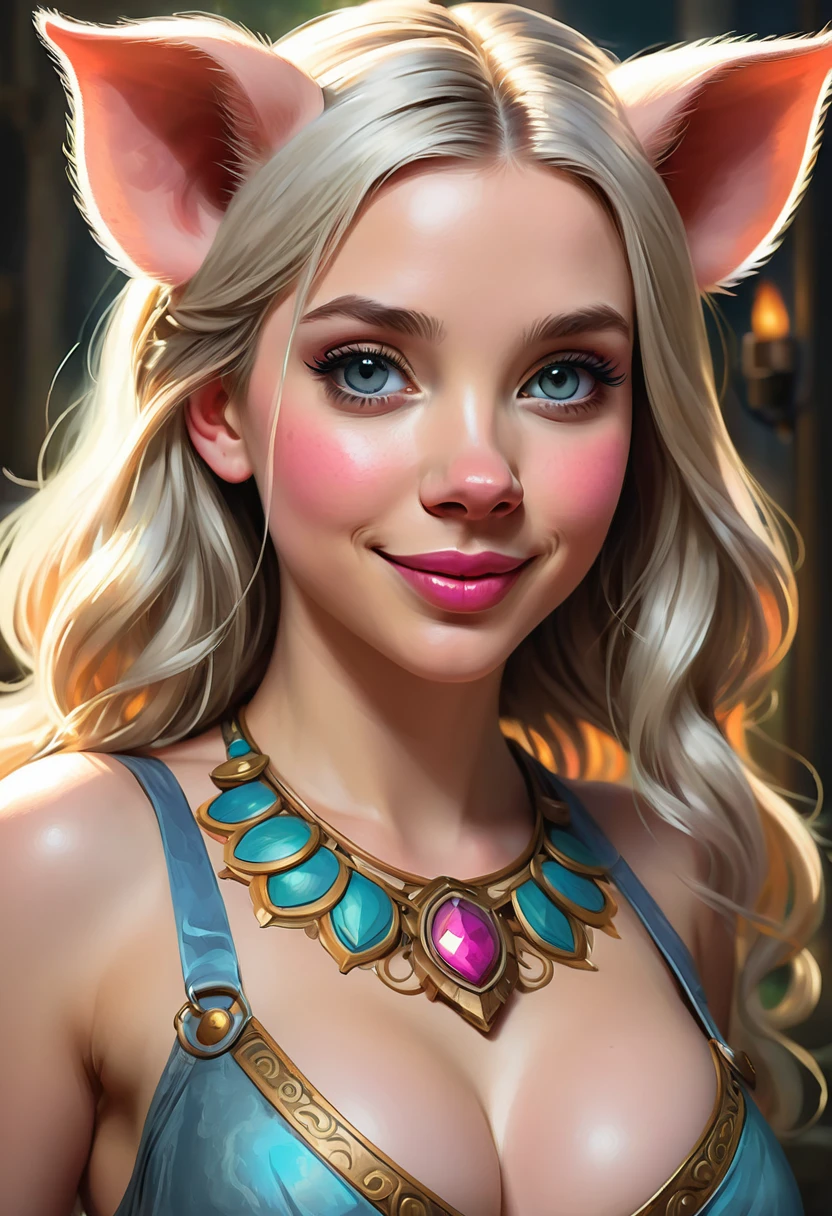 Create an illustrated, hand-drawn, full-color image of an anthropomorphic pig girl. The artwork should be rendered in the style of "Breath of the Wild," featuring warm lighting and shadows. Include graphite shading, stencil marks, and airbrushed acrylic paint effects. The image should be of the highest quality, a masterpiece with intricate details.

The pig girl should have a female, humanoid, furry appearance with grey skin. She should have luscious lips, a wide smile, and bright, expressive eyes, exuding beauty, cuteness, and adorableness. Ensure the image is high resolution and sharply detailed, with a detailed and vibrant background. Scarlett Johanson, Alison Brie, Dove Cameron

Incorporate mystical lighting in the background, creating a romantic and enchanting atmosphere.
