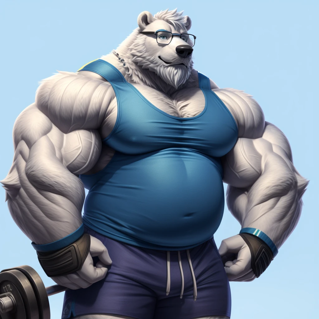 solo, 1boy, Huge Muscular old White Polar Bear wearing glasses, huge white fur, pectoral, huge pectoral, wide pectoral, short white hair, blue colored short pants, blue colored wristbands and blue colored tank top, white bearded, white Mustache, white fur, simple background, masterpiece, high detailed, 8k, high resolution, at the gym, bicep curls heavyweighted barbell