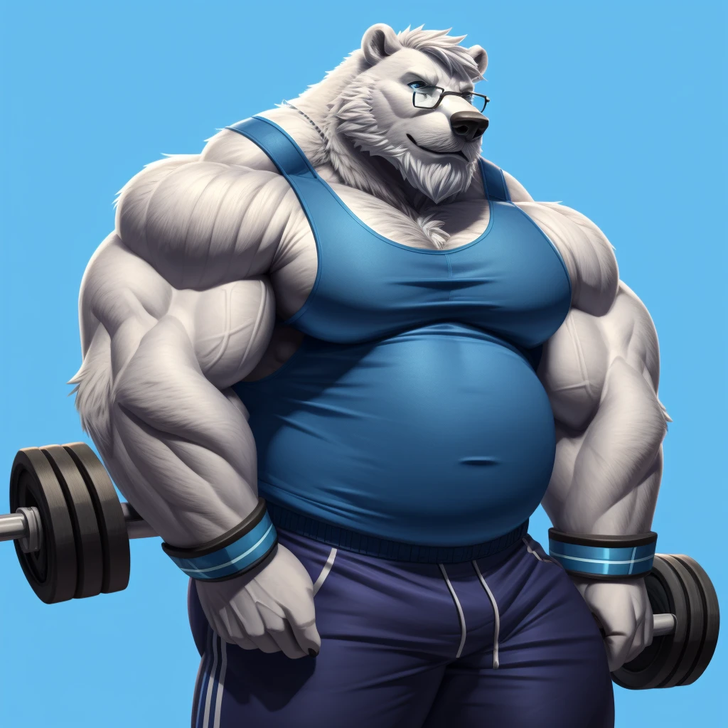 solo, 1boy, Huge Muscular old White Polar Bear wearing glasses, huge white fur, pectoral, huge pectoral, wide pectoral, short white hair, blue colored short pants, blue colored wristbands and blue colored tank top, white bearded, white Mustache, white fur, simple background, masterpiece, high detailed, 8k, high resolution, at the gym, bicep curls heavyweighted barbell