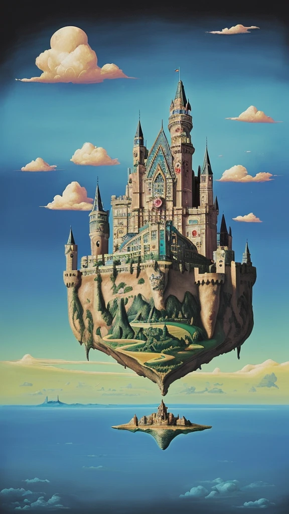 Castle floating in the sky seen from far away, panoramic and deep perspective, colorful and beautiful sky with high contrast, surrealistic painting in Salvador Dali style.