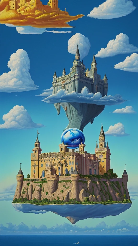 Castle floating in the sky seen from far away, panoramic and deep perspective, colorful and beautiful sky with high contrast, surrealistic painting in Salvador Dali style.