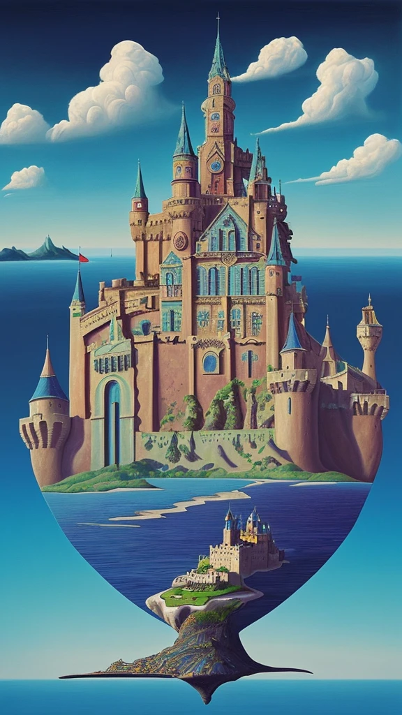 Castle floating in the sky seen from far away, panoramic and deep perspective, colorful and beautiful sky with high contrast, surrealistic painting in Salvador Dali style.