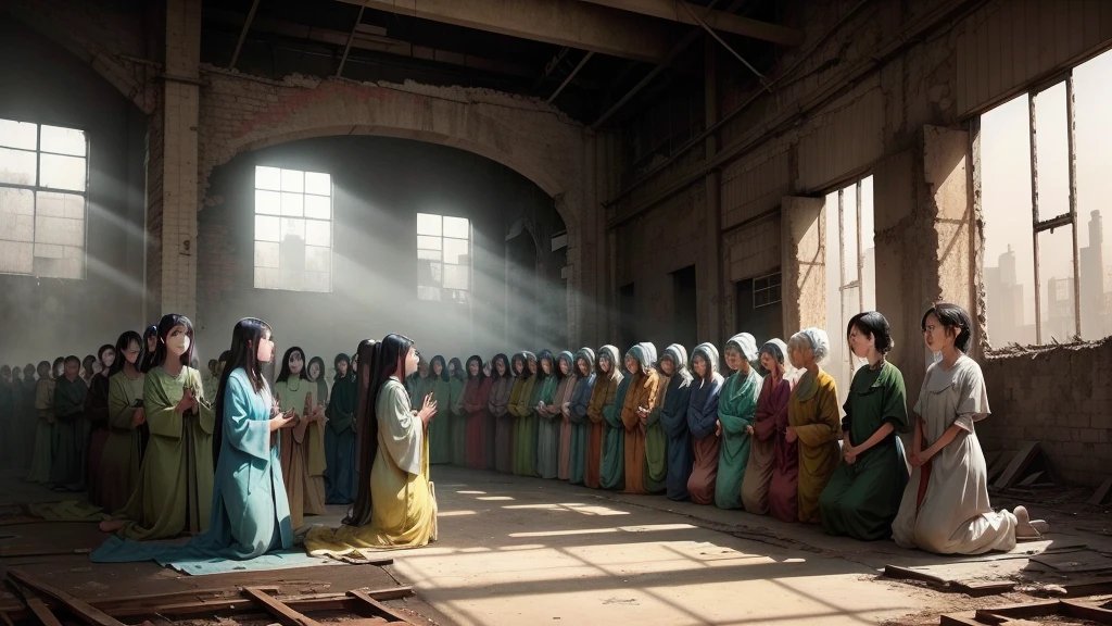 Draw an abandoned factory，God sits in heaven，The surroundings are filled with dazzling light.，A host of angels was around him。Women of all skin tones and ages、、juvenile，Elderly，They are all、Kneeling，Showing reverence and worship for God。Following this description、Create a unique and striking cover screen。