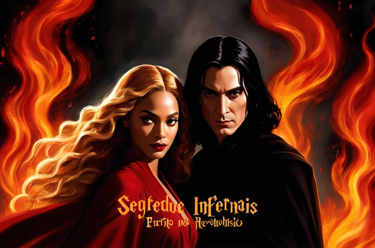 
- Scene: Create an image of two people in love in a setting of mystery and passion.
  
- Woman's Appearance:
  - Resembles Beyoncé
  - Brown skin
  - Long, golden blonde curly hair
  - Confident and seductive expression
  - Wearing a red dress, elegant and form-fitting
  - Lips painted a deep, intense red

- Man's Appearance:
  - Resembles Severus Snape
  - Pale skin
  - Large nose
  - Black, straight hair falling around his face in a somber manner
  - Serious and intense expression
  - Wearing a black cloak, contrasting with the flames around them

- Atmosphere:
  - Surrounded by flames, creating a mystical and fiery ambiance
  - Soft lighting highlighting their faces, enhancing the sparkle in their eyes
  - Flames adding an element of intensity and mystery to the scene
  - They are close to each other, gazing intensely into each other's eyes, exuding a strong emotional connection
