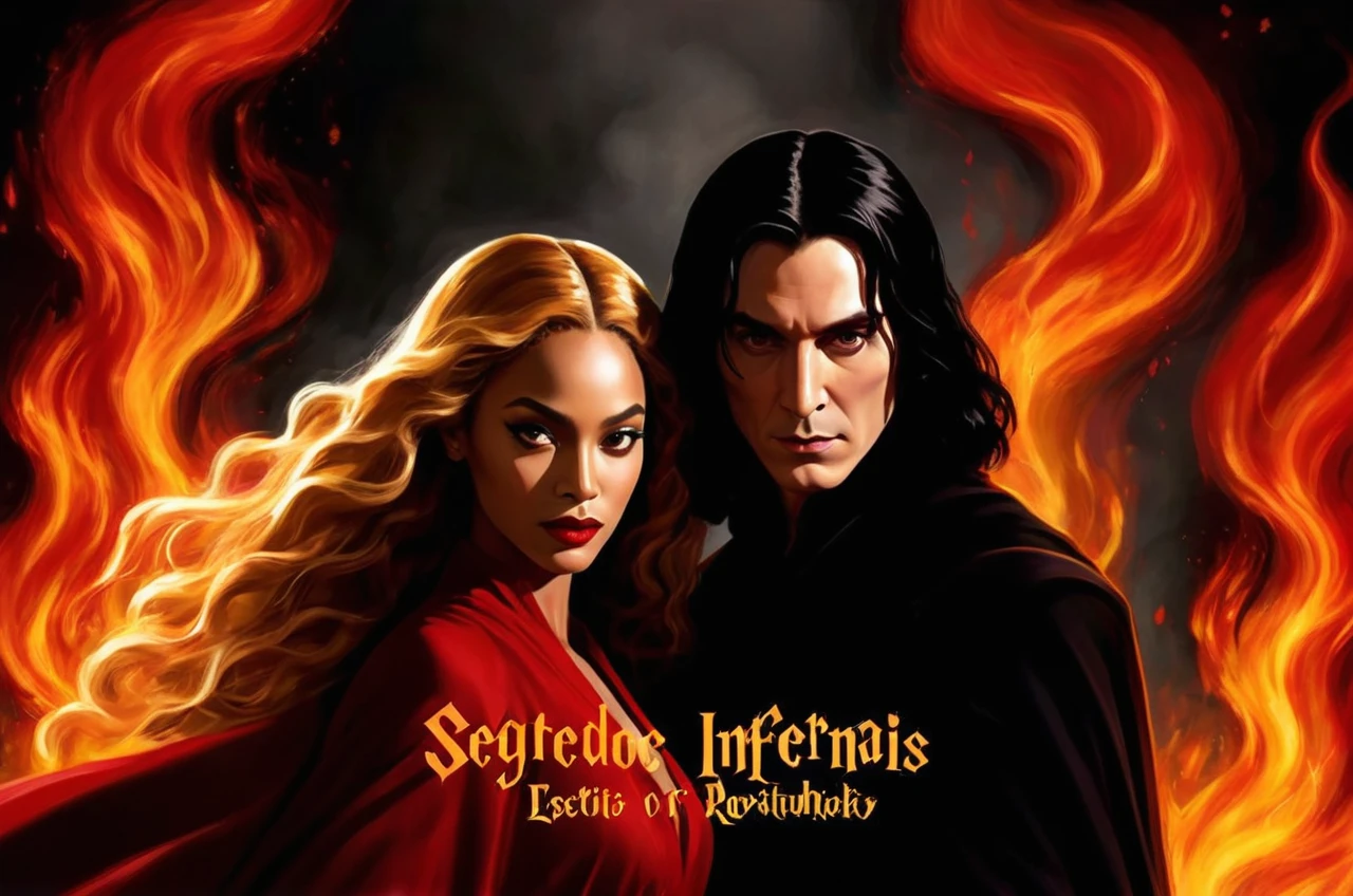 
- Scene: Create an image of two people in love in a setting of mystery and passion.
  
- Woman's Appearance:
  - Resembles Beyoncé
  - Brown skin
  - Long, golden blonde curly hair
  - Confident and seductive expression
  - Wearing a red dress, elegant and form-fitting
  - Lips painted a deep, intense red

- Man's Appearance:
  - Resembles Severus Snape
  - Pale skin
  - Large nose
  - Black, straight hair falling around his face in a somber manner
  - Serious and intense expression
  - Wearing a black cloak, contrasting with the flames around them

- Atmosphere:
  - Surrounded by flames, creating a mystical and fiery ambiance
  - Soft lighting highlighting their faces, enhancing the sparkle in their eyes
  - Flames adding an element of intensity and mystery to the scene
  - They are close to each other, gazing intensely into each other's eyes, exuding a strong emotional connection
