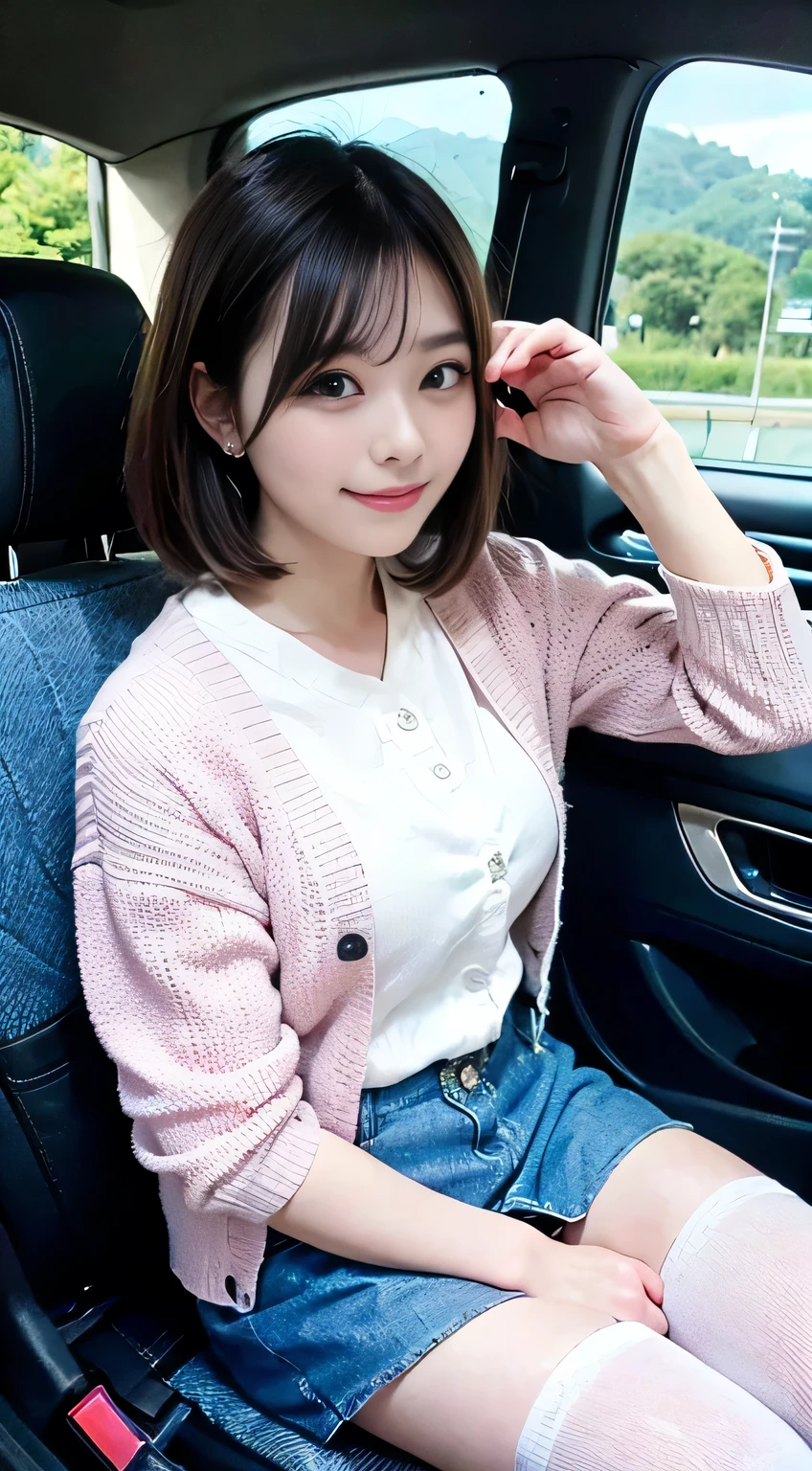 (8K, Raw photo:1.2)Detailed face and eyes,Best Quality, 超A high resolution, Highly detailed ,intricate detailes ,masutepiece ,Cute Girl , Soft cinematic light, Hyper-detailing,Sharp Focus, High quality, Black hair, very short hair, tits out,((accurate hands without incongruity)), large full breasts, Slim waist,,((Pink cardigan)),((White shirt)),((Denim skirt))、((Black high thigh socks))、(Loafer shoes)、from side、A best smile, Passenger seat of a car, japanese car, Left seat, Relax,  Drive along the coastal road,  Pleasant sunny weather, 