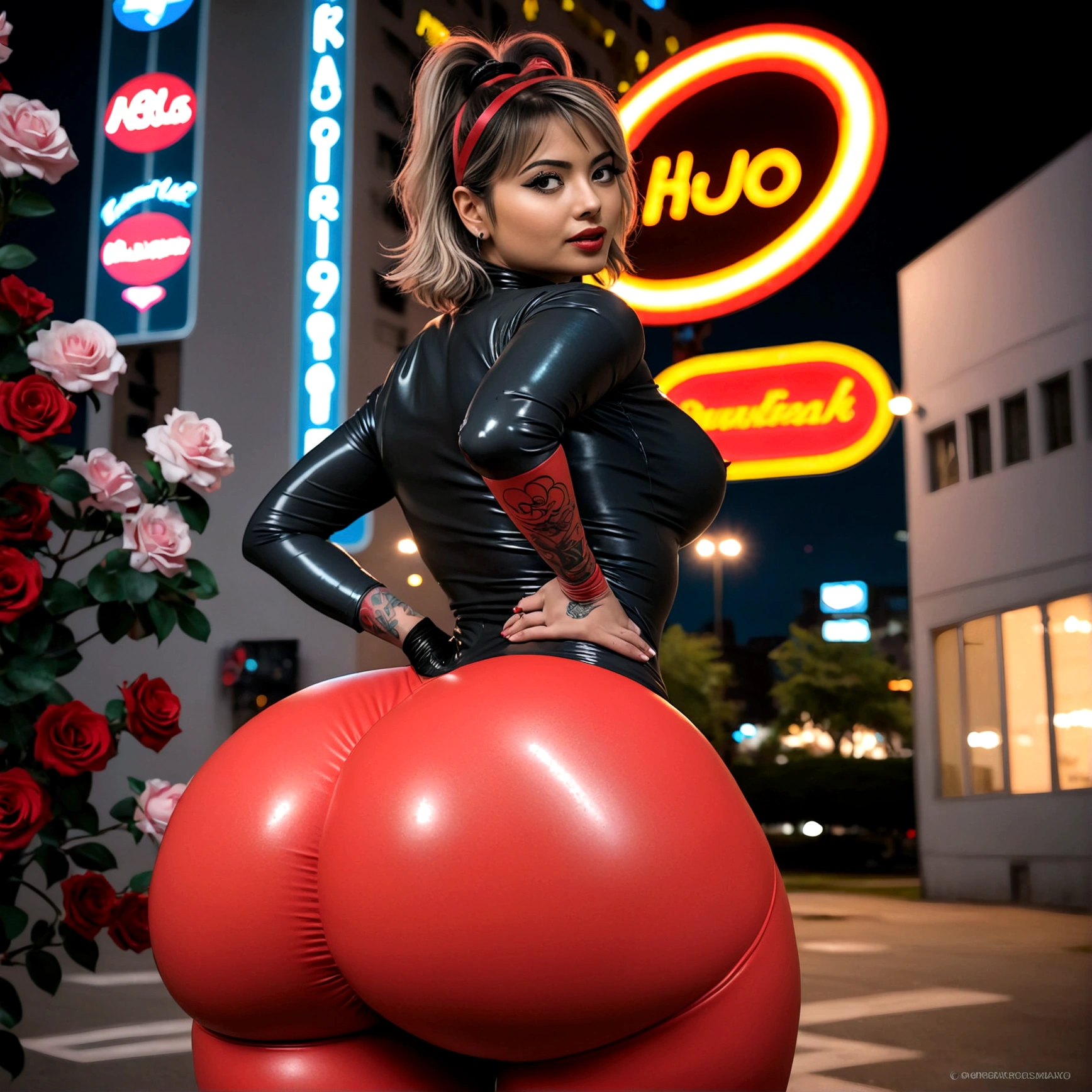 Beautiful woman with amazing body wearing a dark gray latex full body catsuit with red neon tattoos lit up like intense light, young woman, with her back to the camera showing a huge ass, Very slender waist, wide hip, night and urban scenery with bokeh and flares on camera