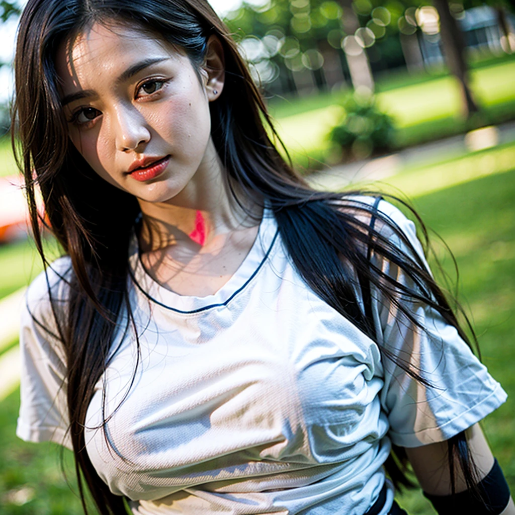 (best quality, 8K, 32k, masterpiece, Ultra high quality:1.2),Double,twin,female,韩国漂亮female人的照片,short black hair,beautiful face,(lean forward:1.3),(from above:1.2),(close up:1.4),leave,Loose T-shirt,Large Breasts,(Beautiful nipples slipping:0.9),outdoor,windy,shiny skin,Blurred background,