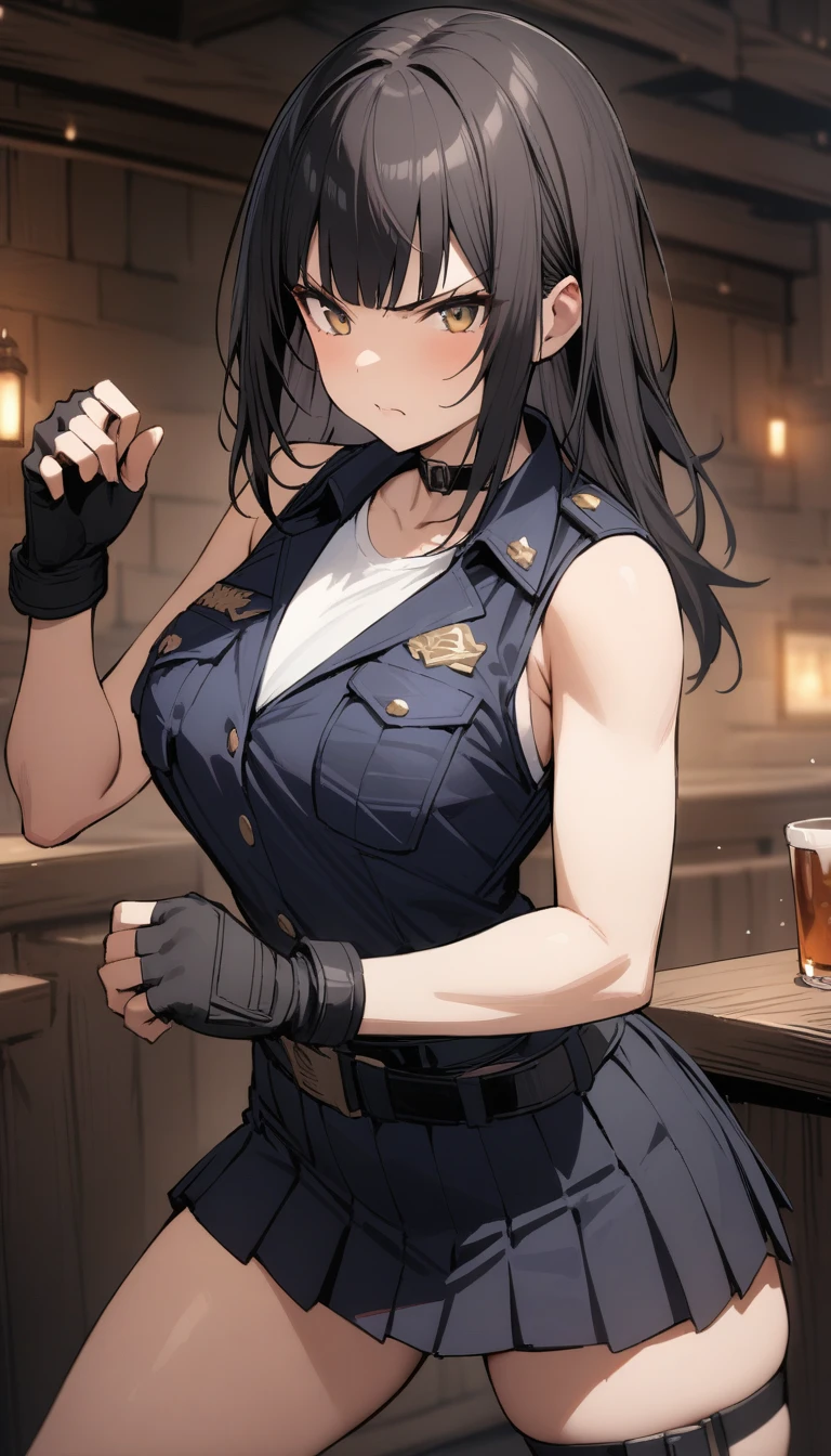 ((Highest quality)), ((masterpiece)), (detailed),cowboy shot , Female police officer.One girl, Black sleeveless blouse with white undershirt,Black choker,Black long hair Blunt bangs black pleated mini skirt black fingerless gloves V-shaped eyebrows Combat Stance Black Belt Old tavern