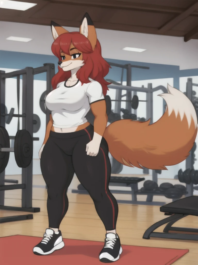 Furry, fox, female, white shirt, black leggings, shoes, gym, , standing, full body