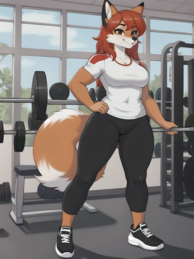 Furry, fox, female, white shirt, black leggings, shoes, gym, teen, standing, full body