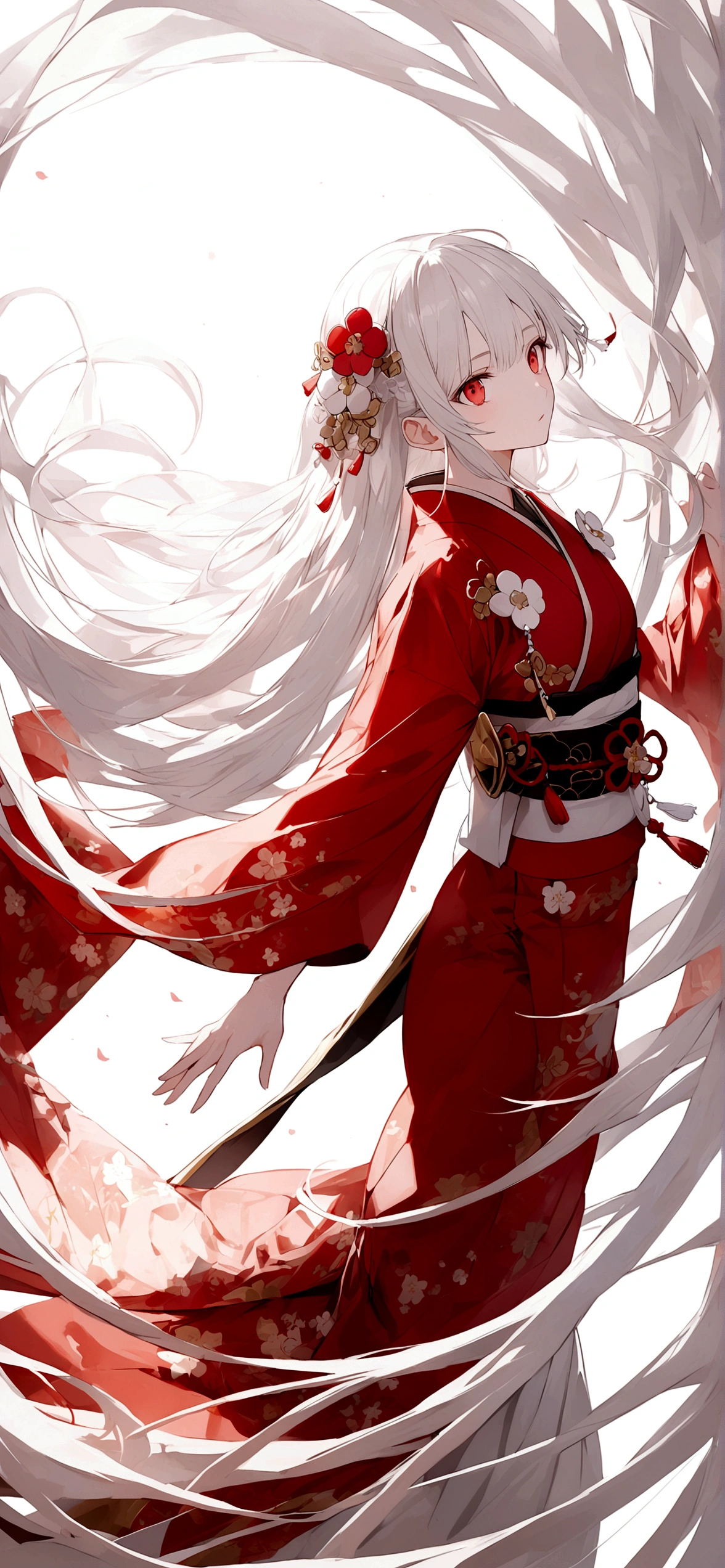 White background、Red kimono、Long white hair、Red eyes、Plum blossom accessories、25 year old sister、whole body、White Hair、long hair