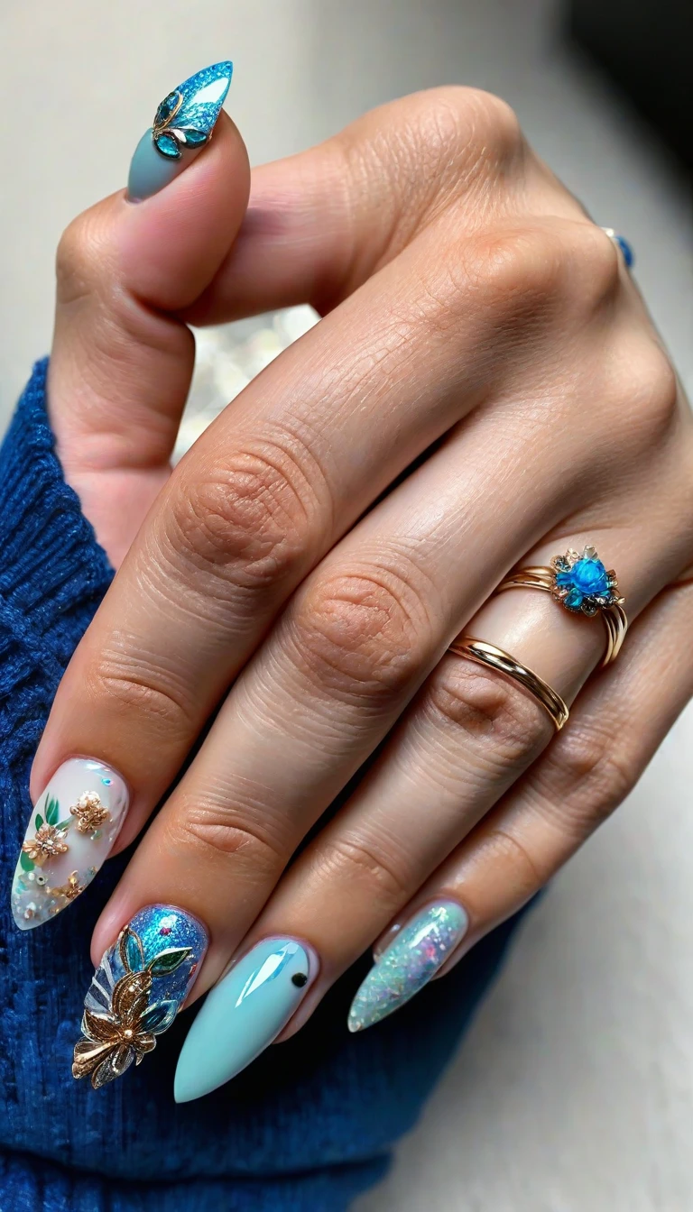 detailed painted nails, intricate nail art, floral nail designs, gem-encrusted nails, metallic nail polish, ombre nails, 3D nail art, holographic nails, glossy manicured nails, acrylic nails, (best quality,4k,8k,highres,masterpiece:1.2),ultra-detailed,(realistic,photorealistic,photo-realistic:1.37),macro photography, close-up, sharp focus, vibrant colors, natural lighting