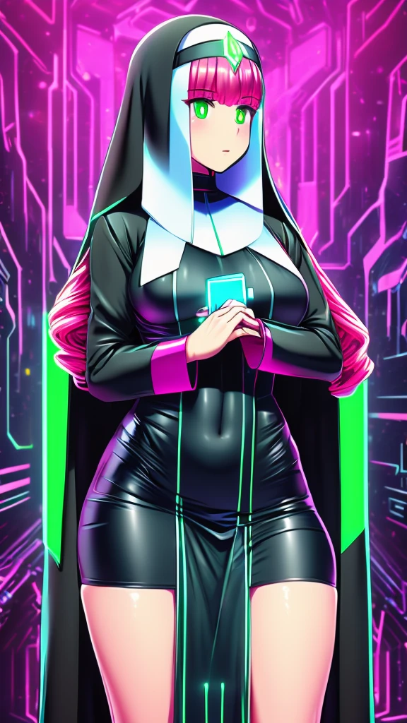 a girl cyber nun beautiful intelligent long pink hair wavy her green eye wearing virtual lens blue helmet micro dresses nun long dress and a long black skirt she shows digital hand