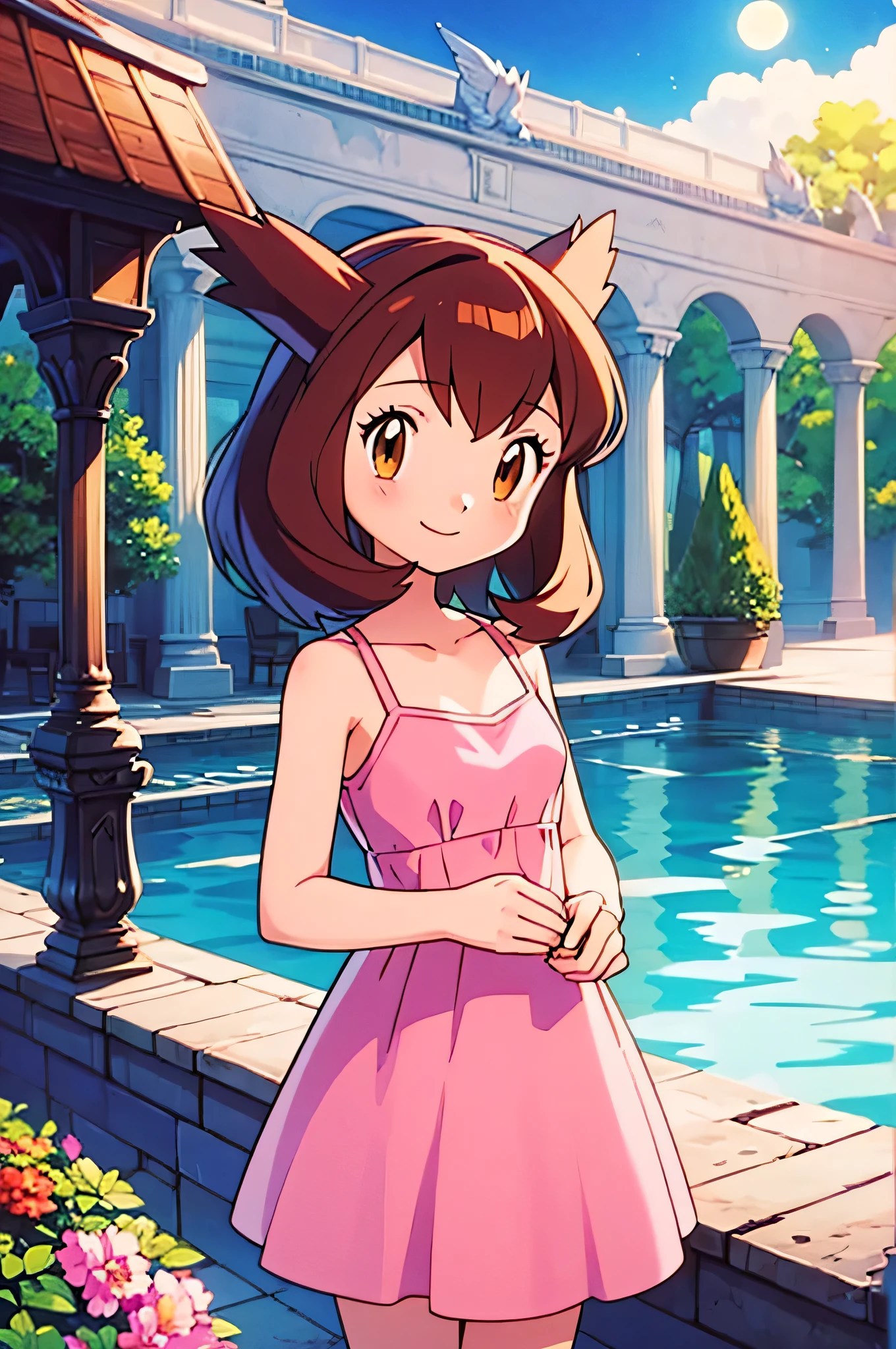 masterpiece, best quality, ultra-detailed, illustration, beautiful detailed eyes, very detailed illustration, cinematic lighting, 1 girl, solo, Pokemon Heroes (Bianca), Brown Hair, brown eyes, 1 girl, solo, sleeveless, collarbone, Pink Camisole dress, pink dress, intricate details, sharp focus, high resolution, the background of beautiful garden with columns, on a beautiful night, full moon, smile, standing near a water pool on the bottom, both hands together, anime style, ultra-detailed, hdr, far at the bottom, in the center, Close up