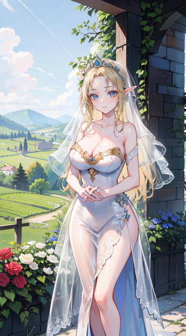 beautiful woman，Folk Girl，blonde with blue eyes，Twist，Wear a strapless wedding dress with no straps.，countryside，countryside，beautiful scenery，European Middle Ages，smile with teeth，forehead，forehead exposed，big tits，rift, (Elf Princess),(2 young women ,beautiful woman)