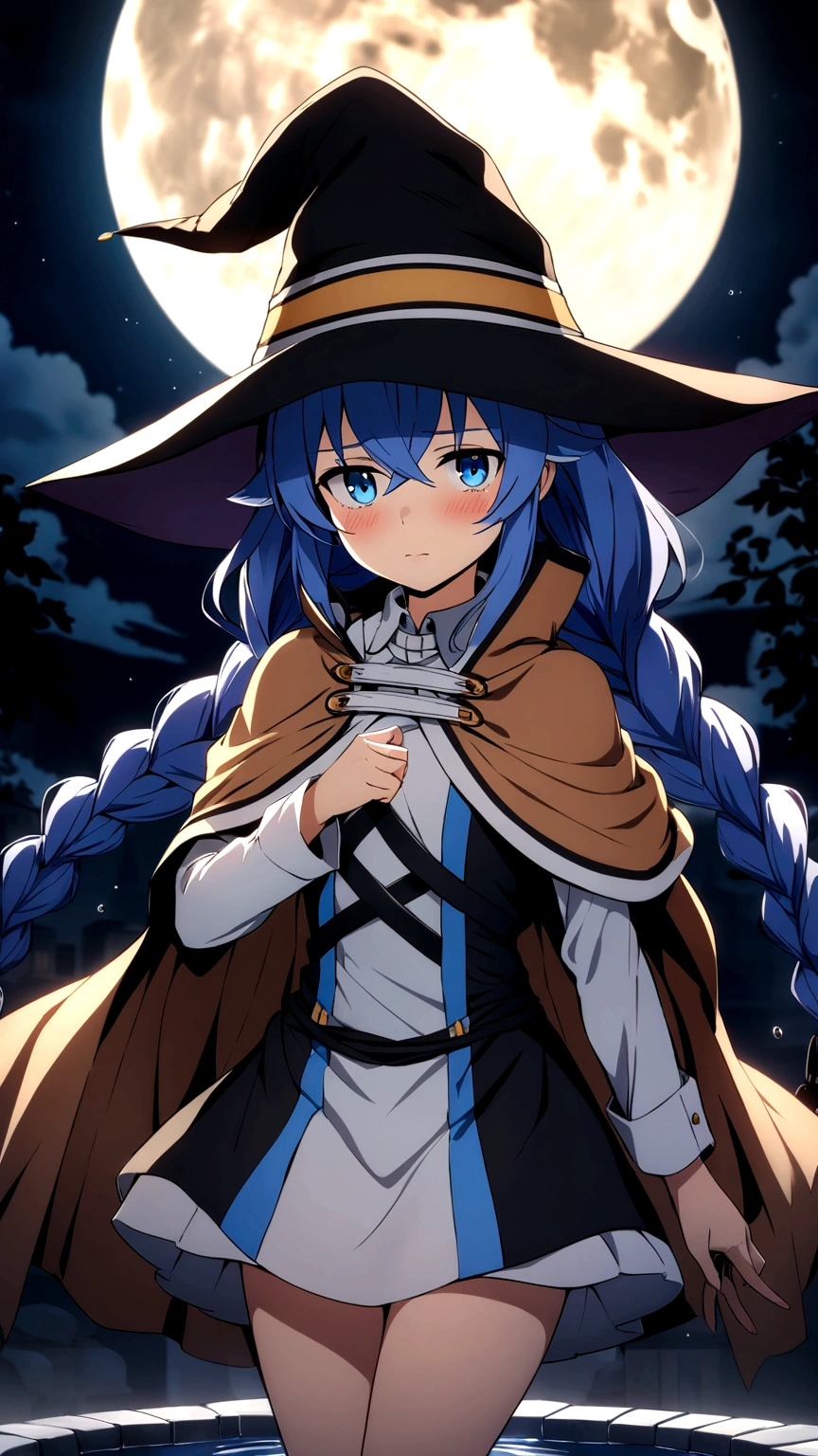 Roxy Migurdia, Highest quality, Amazing CG, Ultra HD, Carefully crafted down to the last detail, One Girl, bangs, Black Hat, Witch Hat, blue eyes, Blue Hair, Braiding, Brown cape, Floating Hair, Hair between the eyes, Beautifully detailed eyes, He is red in the face and embarrassed, Full body portrait, Medium Chest, The background is a fountain with a fantastic atmosphere., moon, night