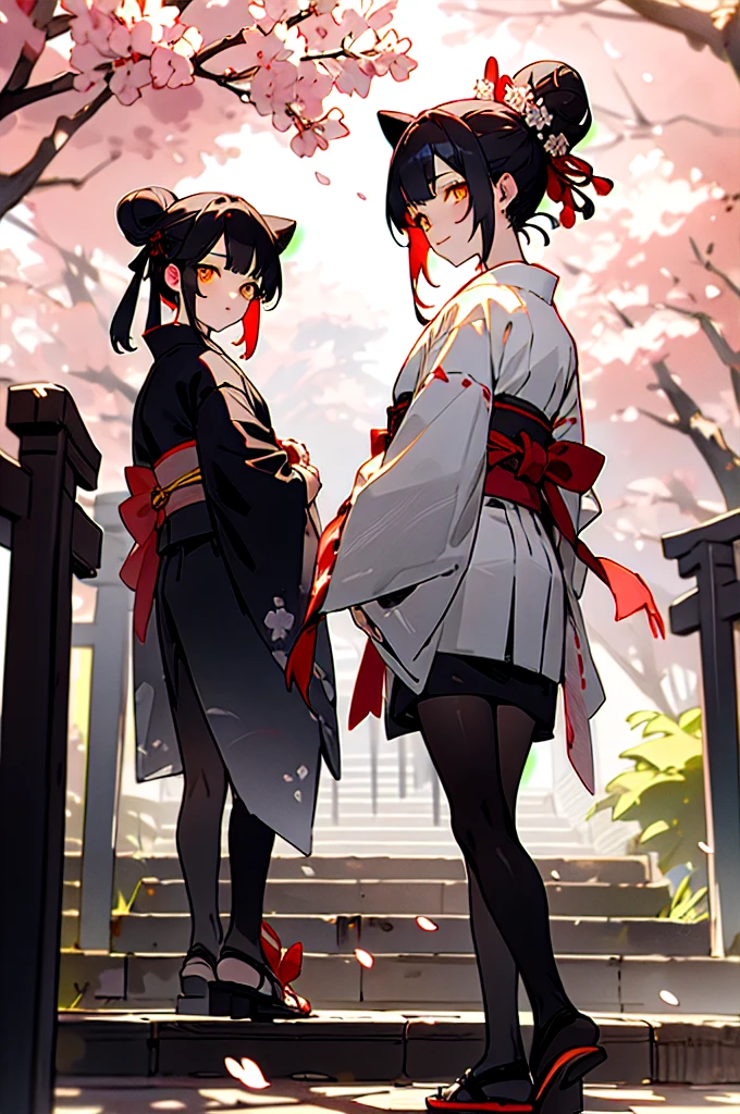 ((masterpiece,best quality)),2girls, black kimono, black legwear, black ribbon, black hair, cherry blossoms, day, flower, hair bun, hair ribbon, japanese clothes, kimono, long hair, looking at viewer, looking back, multiple girls, obi, outdoors, red eyes, red hair, ribbon, sandals, single hair bun, stairs, standing, statue, torii, tree, white kimono, yellow eyes