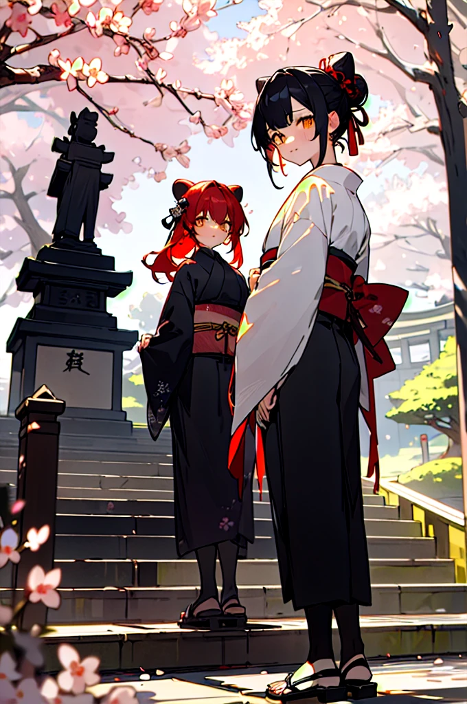 ((masterpiece,best quality)),2girls, black kimono, black legwear, black ribbon, black hair, cherry blossoms, day, flower, hair bun, hair ribbon, japanese clothes, kimono, long hair, looking at viewer, looking back, multiple girls, obi, outdoors, red eyes, red hair, ribbon, sandals, single hair bun, stairs, standing, statue, torii, tree, white kimono, yellow eyes