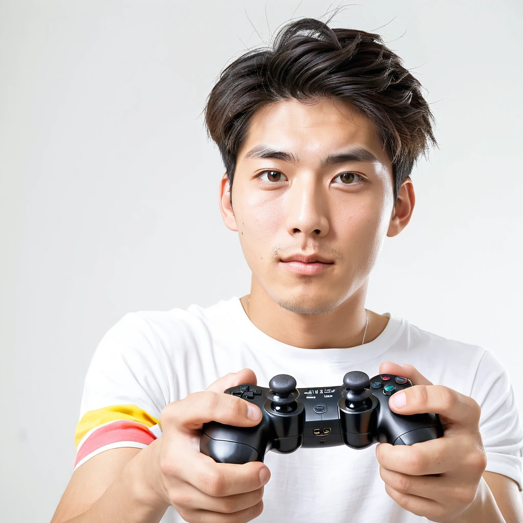 male　youth　university student　Japanese　A refreshing look　holding a game controller in hand　Exciting　looking at the camera　High tension　Wide angle　　White background　