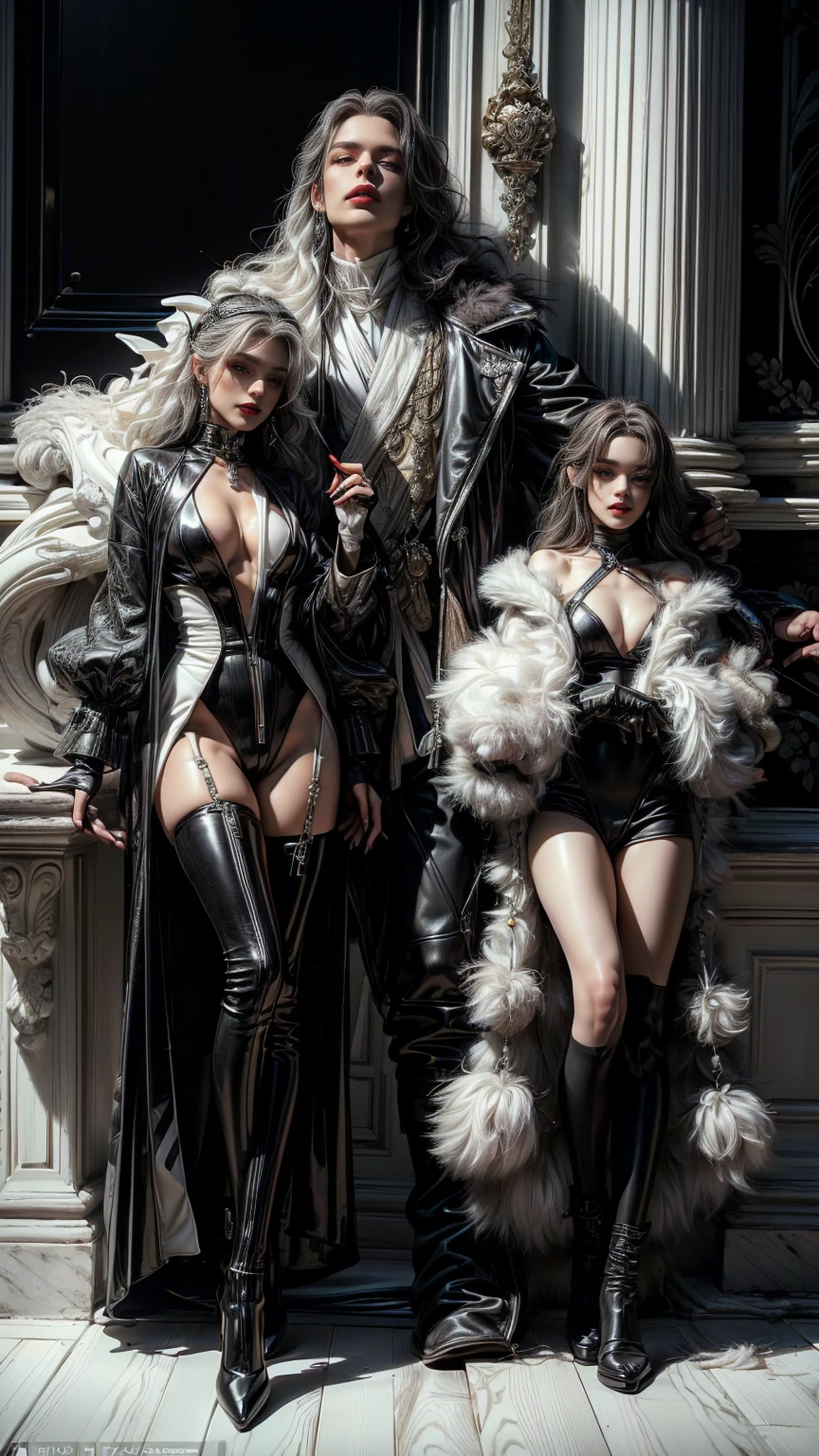 ((1woman, she is cruel devil, sexy, half white and half black hair in soft waves, long hair, seductive makeup on the face, BLACK LIPS, tiene un abrigo de piel black and white, deep red eyes that shine brightly, smile of satisfaction and cruelty.)) ((she is dressed with: black leather clothing, very luxurious black and white fur coat, stiletto slippers, black leather gloves and jewelry)). supported in profile, on the wall leaning with lust, expression of cruelty, coquette, sexy. ((tonos black and white por doquier, particles of opulence)) ((Around: luxurious mansion, autos Rolls-Royce, creed wood and luxurious columns, piso de marmol black and white, old paintings and artifacts on the wall, luz fría y moderna de una mansion black and white.)) ((realist, photo-realist:1.3), Masterpiece, an extremely perfect and beautiful body, extremely detailed pale body, Best quality score, 8k quality, Wide plane, whole body, close up, high view, black and white))